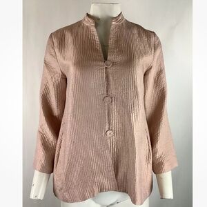 Eileen Fisher Sz XS Crepe Satin Silk Ribbed Button Cardigan Pink Mock Neck